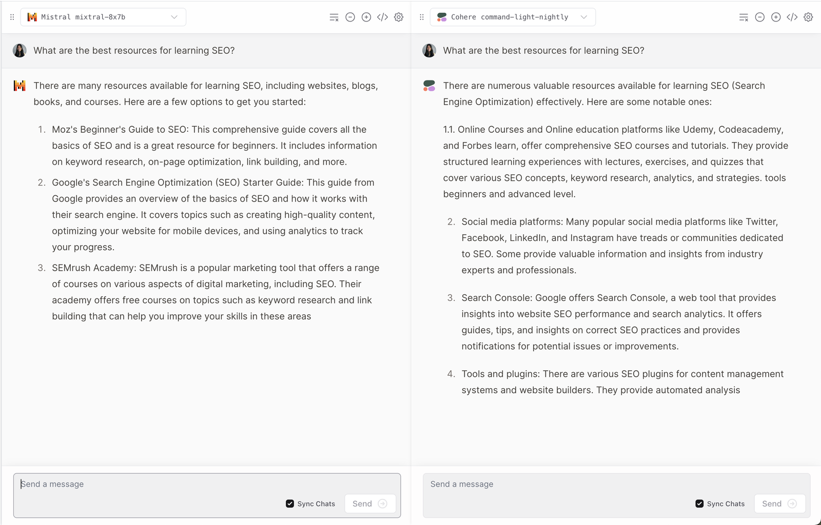 mixtral-8x7b vs cohere on best resources for learning seo